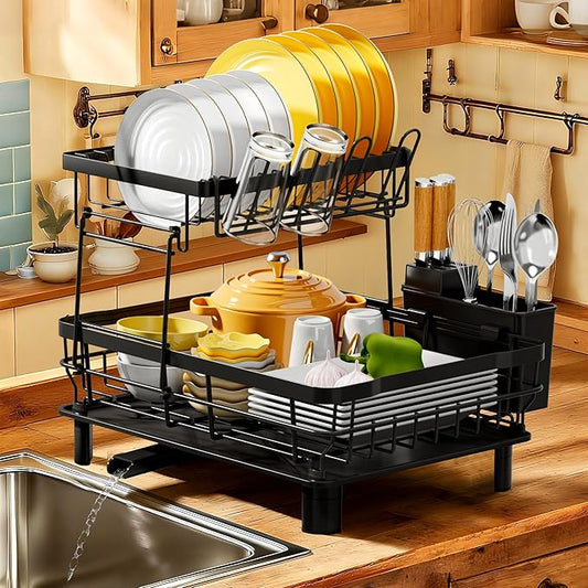 MOUKABAL Dish Drying Rack, Dish Rack, Stainless Steel Dish Racks for Kitchen Counter, Dish Drainer with Removable Utensil Holder, Drainboard (Black,2 Tier,13''W x 17''L) by MOUKABALGREATHELPER