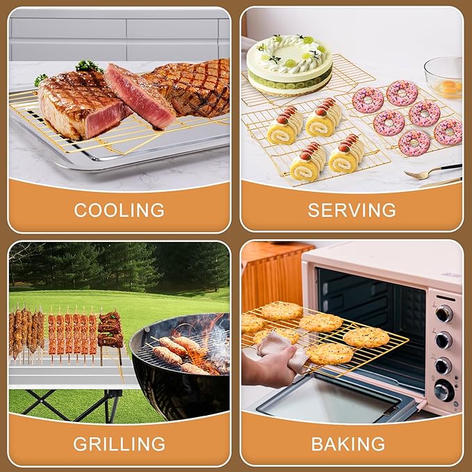 Cooling Rack for Baking 3 Tiers, 16" x 10" Cookie Cooling Wire Rack Stackable Collapsible Nonstick, Stainless Steel Baking Cooking Cooling Racks with Optimum Air Flow, Gold - Image 6