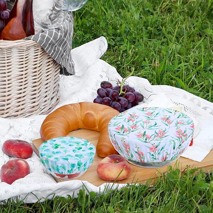 5 Pieces Bowl Covers Reusable, 5 Size Elastic Cloth Bowl Covers for Bread Proofing Stretch Food Covers Washable for Food Fruits Leftover (Pink Floral Eucalyptus leaves) - Image 7