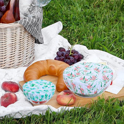 5 Pieces Bowl Covers Reusable, 5 Size Elastic Cloth Bowl Covers for Bread Proofing Stretch Food Covers Washable for Food Fruits Leftover (Pink Floral Eucalyptus leaves) - Image 7