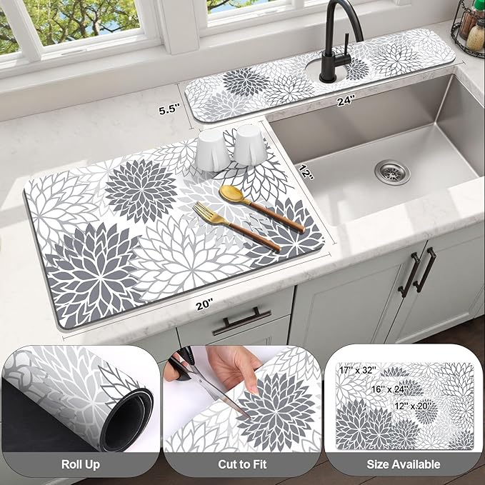 Findosom 2PCS 12" x 20" Dish Drying Mat & 24" x 5.5" Sink Splash Guard, Super Absorbent & Cuttable Dish Mat Drying Kitchen Mat with Gray Floral, Hide Stain Drying Mat for Kitchen Counter - Image 2