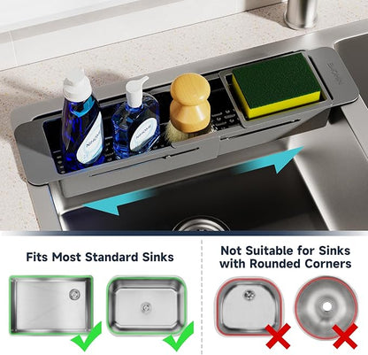 NiHome Extendable Over Sink Kitchen Organizer, Small Telescopic Brush Storage Rack for Sponge, Non-Slip Pads Expandable Sink Caddy, Adjustable Sponge/Brush Rack with Drainage Durable ABS (Dark Gray) - Image 4