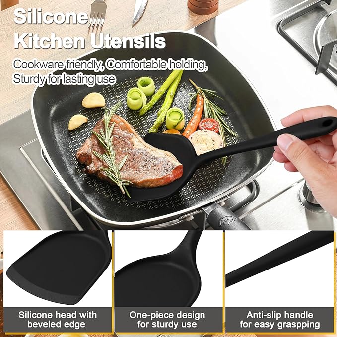 P&P CHEF Kitchen Utensil Set, 4 Pieces Non-stick Silicone Cooking Utensils, Heat-resistant Slotted Solid Spoon Turner for Frying, Mixing, Serving, Non-toxic & Easy to Clean, Black - Image 3