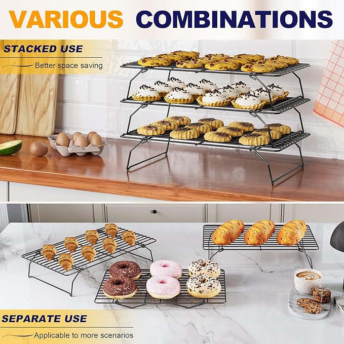 3 Tier Stackable Cooling Rack for Batch Cooling Cookie, Pizza, Cake-15.8”x 10”- Heavy Duty Cooling Racks for Cooking and Baking, Oven and Dishwasher Safe Baking Supplies-Black - Image 5