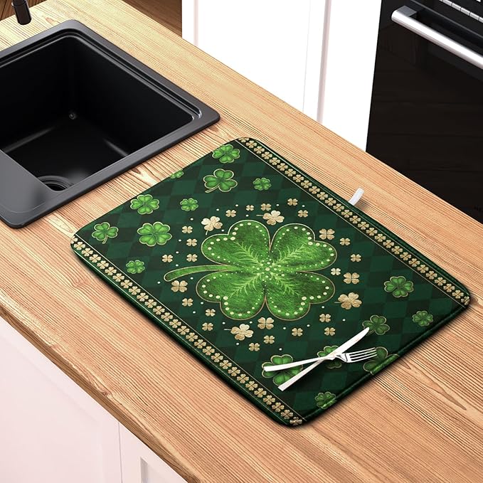 St Patricks Day Drying Mat for Kitchen Counter Shamrock Dish Drying Mats Lucky Clovers Green Plaid Dish Dryer Pad Absorbent Reversible Dish Drainer Rack Mat Kitchen Accessories 16x18 Inch - Image 6