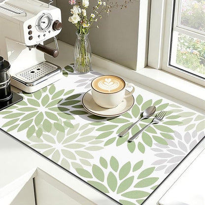Findosom Floral Dish Drying Mat, 12" x 20" Super Absorbent & Hide Stain Coffee Mat, Cuttable Drying Mat for Kitchen Counter, Under Dish Rack, Coffee Maker, Espresso Machine, Sage Green