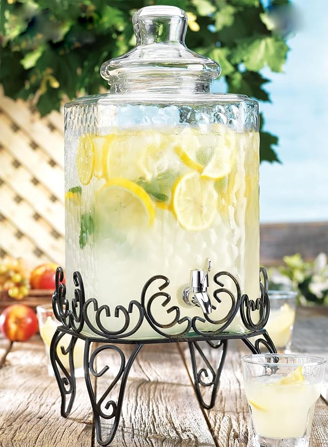 MosJos 2.5 Gallon Classic Hammered Glass Beverage Dispenser with Elegant Stand - Glass Drink Dispenser with 100% Leak Proof Spigot, Party Drink Dispensers for Lemonade, Punch, Water, Juice - Image 5