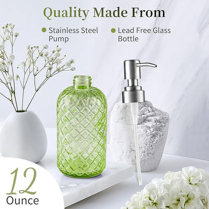 14 Oz Refillable Glass Soap Dispenser with Rust Proof Stainless Steel Pump, for Dispense Hand soap, Body wash, Lotion 2pack (Green)