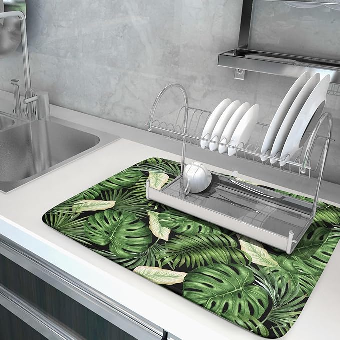 Giwawa Tropical Palm Leaf Dish Drying Mat for Kitchen Countertop, 18"x24" Summer Green Monstera Dish Drainer Mats, Hawaiian Banana Leaves Fast Dry Microfiber Large Dish Drying Pad Decoration