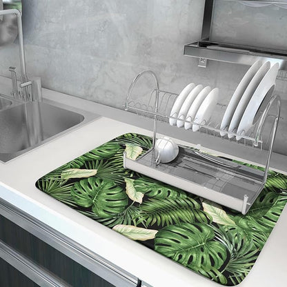 Giwawa Tropical Palm Leaf Dish Drying Mat for Kitchen Countertop, 18"x24" Summer Green Monstera Dish Drainer Mats, Hawaiian Banana Leaves Fast Dry Microfiber Large Dish Drying Pad Decoration