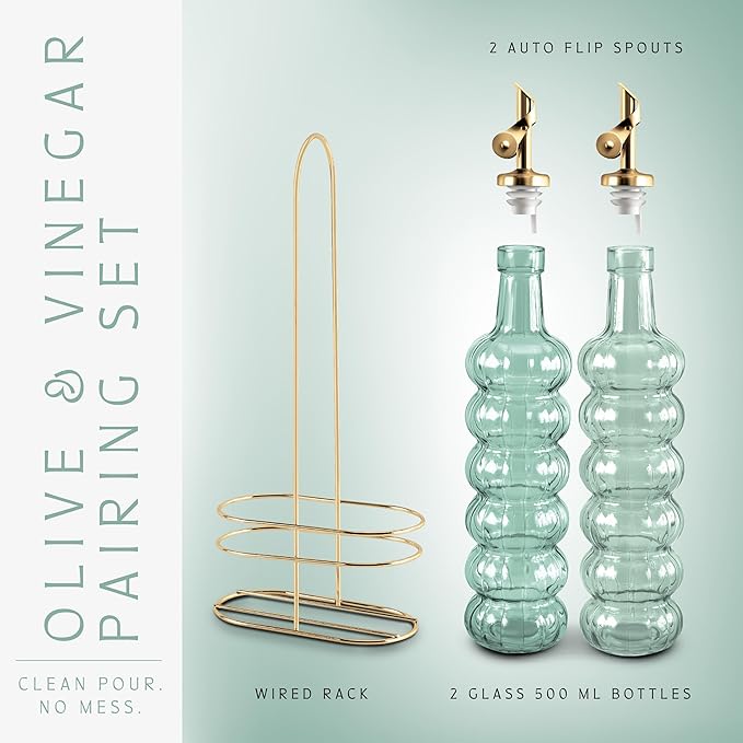 COOK WITH COLOR Glass Olive Oil Bottle Dispenser - 2 Pack- 17oz Oil and Vinegar Cruet - Olive Oil Carafe Decanter for Kitchen, Elegant Waves, Green - Image 3