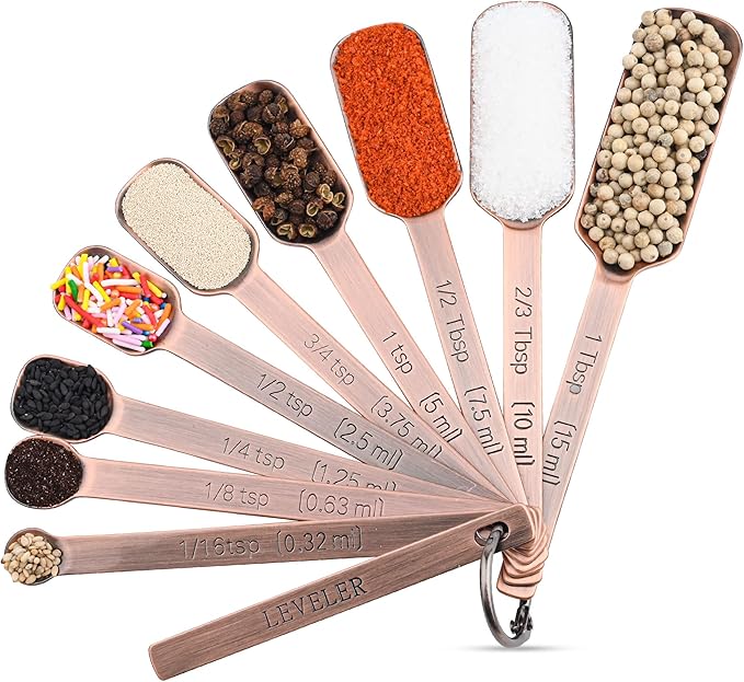 Copper Measuring Spoons Set 10, Stainless Steel Measuring Spoons with Leveler, Metric & US Metal Measuring Spoons fro Baking & Kitchen, Dry&Liquid Long Handle Measruing Spoons for Spice Jar