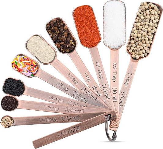 Copper Measuring Spoons Set 10, Stainless Steel Measuring Spoons with Leveler, Metric & US Metal Measuring Spoons fro Baking & Kitchen, Dry&Liquid Long Handle Measruing Spoons for Spice Jar