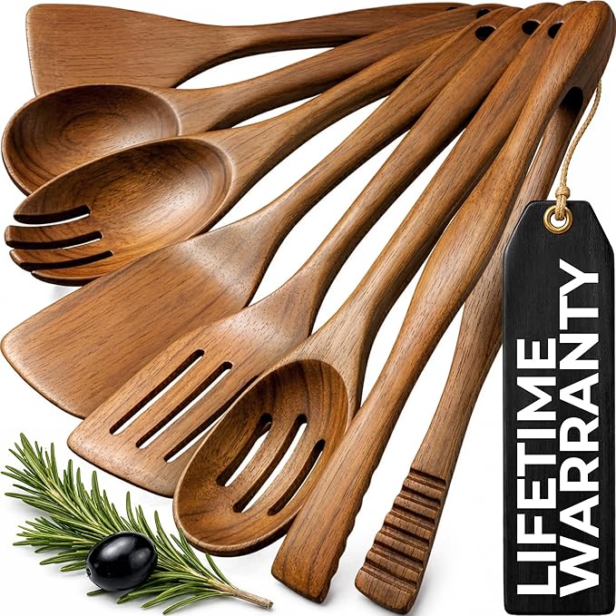 Zulay Kitchen Teak Wood Utensil Set – 7 Piece Wooden Cooking Utensils – Slotted Spoon, Bowl Scraper, Solid & Slotted Turner, Salad Spoon, Fork & Tongs – Durable, Nonstick Safe & Smooth Finish by ZulayKitchen