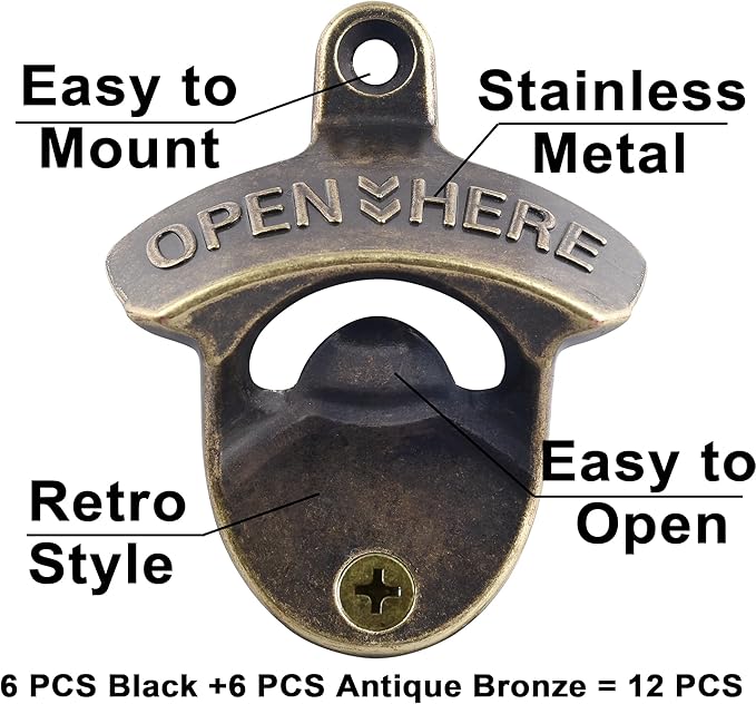 12 PCS Wall Mount Beer Opener Bulk, Black Retro Bottle Opener Mounted, Stainless Mountable Bottle Cap Opener for Kitchen Table Post