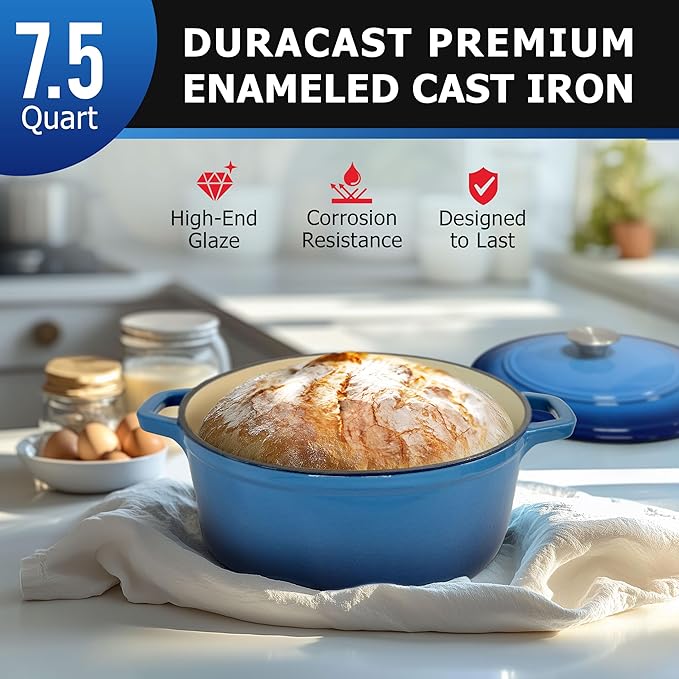 MUELLER HOME 7.5 QT Enameled Cast Iron Dutch Oven, Heavy-Duty Casserole Dish and Braiser Pan with Lid and Stainless Knob, Oven-Safe up to 500° F & Across All Cooktops, Aqua Blue - Image 2