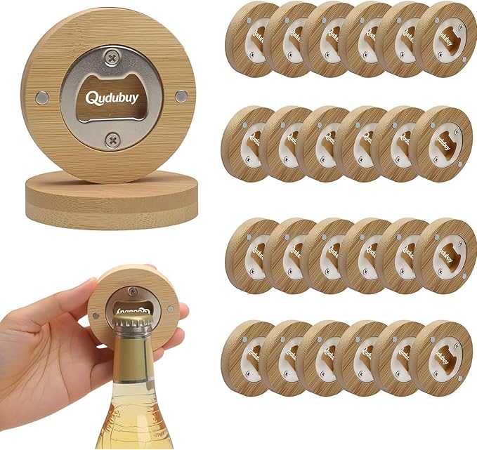 24 Pcs Magnetic Bottle Opener 2.5In DIY Bamboo Round Shape Beer Openers Wooden Fridge Magnet Refrigerator Sticker for Beer Lovers,Wedding Guests,Kitchens,Bars,Parties