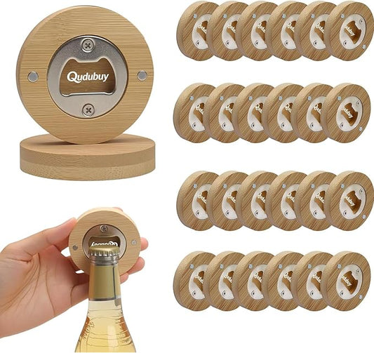 24 Pcs Magnetic Bottle Opener 2.5In DIY Bamboo Round Shape Beer Openers Wooden Fridge Magnet Refrigerator Sticker for Beer Lovers,Wedding Guests,Kitchens,Bars,Parties