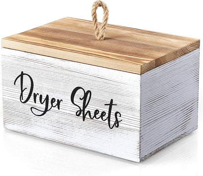 Dryer Sheet Holder, White Washed Wood Laundry Sheets Container, Laundry Room Organization and Storage for Farmhouse Laundry Room Decor and Accessories, Fabric Sheet Holder