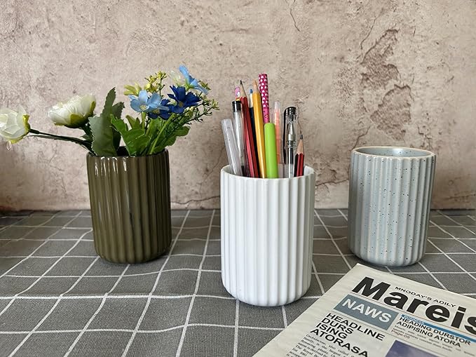 TOPYOKK Stoneware Coffee Bar Utensil Holder Tea & Coffee Spoon & Stirrer Holder for Stir Stick Straw Teaspoon Holder Spoon Cup Small Utensil Jar Fluted Vertical Stripe (Pure White) - Image 4