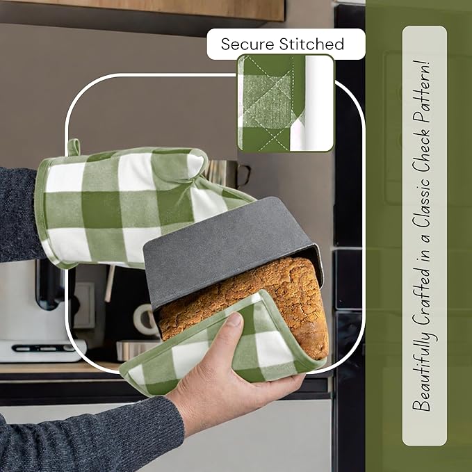 Native Fab Buffalo Plaid Check Oven Mitts and Pot Holders Set of 4, 100% Cotton Heat Resistant Kitchen Gloves, 2 Oven Mitts (7x13), 2 Pot Holders (8x8) for Cooking & Baking, Mint Green White - Image 7