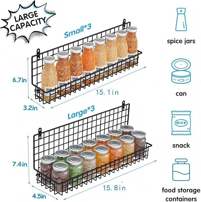 JKsmart 6-Tier Spice Rack Organizer with Door Hook, Wall Mounted & Over the Door Spice Racks for Kitchen Pantry Door Cabinet, Two Size, Large Capacity, Black - Image 5