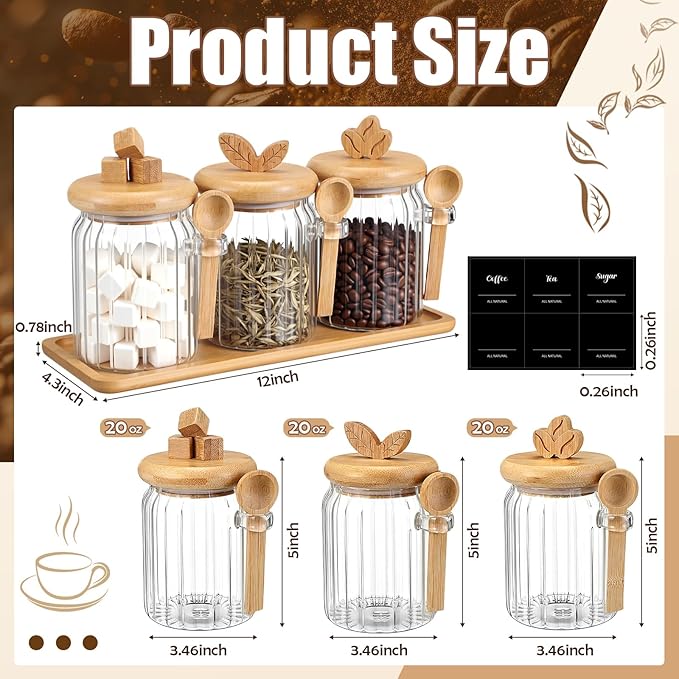 Suclain 3 Pcs Glass Coffee Container with Bamboo Color Lid & Spoon, 20.3 oz Airtight Glass Jar with Wooden Shelf, Food Storage Containers Coffee Jar Tea Container(Bamboo Color) - Image 2