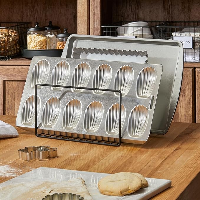 mDesign Metal Pan Organizer for Kitchen Cabinet, Counter, Pantry Shelf - 3 Slots for Baking Sheets, Muffin Pans, Cutting Boards, Frying Pans - Pan Organizer and Storage - Concerto Collection - Black - Image 2