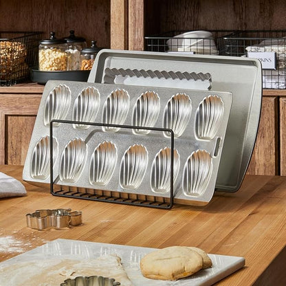 mDesign Metal Pan Organizer for Kitchen Cabinet, Counter, Pantry Shelf - 3 Slots for Baking Sheets, Muffin Pans, Cutting Boards, Frying Pans - Pan Organizer and Storage - Concerto Collection - Black - Image 2