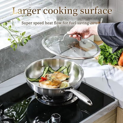 DELARLO Tri-Ply Stainless Steel Pan, 18/10 Frying Pan, Oven Safe Up to 600°F, Nontoxic Cookware, Compatible with All Cooktops Skillet, Durable, Fast Even Heat Fry Pan,9+11 inch Pan - Image 6