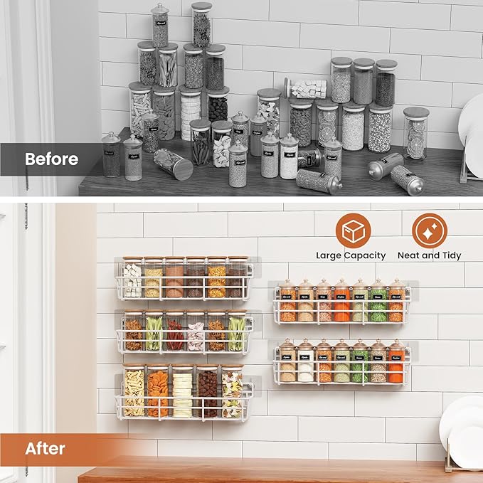 Mystozer 5 Pack Spice Rack Seasoning Organizer Wall Mount, Kitchen Organization Kitchen Storage Spice Shelf Screw or Adhesive Hanging Shelf Basket Spice Organizer Shelf for Kitchen, Pantry (White) - Image 5