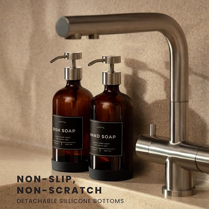 Hand and Dish Soap Dispenser for Kitchen and Bathroom, Set of 2 16 Oz Glass Bottles, Stainless Steel Pumps, Non-Slip Silicone Base, 27 Waterproof Labels (Amber Bottle/Brushed Silver Pump) - Image 2