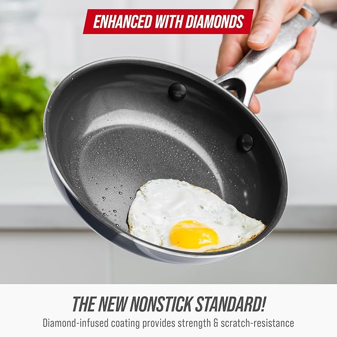 Blue Diamond 8" Nonstick Frying Pan Skillet, Ceramic Diamond Infused PFAS-Free, Dishwasher & Oven Safe, Stay Cool Handle, Durable Non Toxic Metal Utensil Safe, Egg & Omelet Pan, Gray - Image 2
