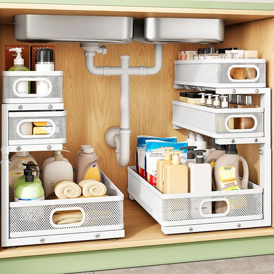Kitstorack Under Sink Organizer, 2-Pack 3-Tier Height Adjustable Thickened Metal Pull out Cabinet Organizer Shelf, Slide out Storage Drawer Rack for Bathroom Kitchen Pantry Home Laundry Organization by Kitstorack