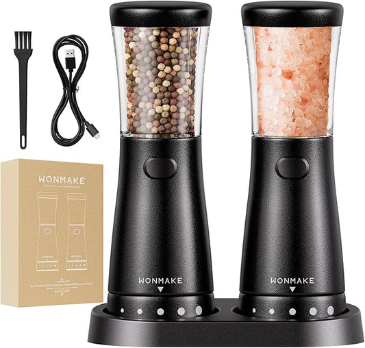 Electric Salt and Pepper Grinder Set with 4.5oz Large Capacity, Stainless Steel Rechargeable Salt and Pepper Grinder with 1.8" Wide Mouth, Storage Base,Adjustable Coarseness, and One-Hand Operation