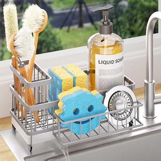 Consumest Sponge Holder for Kitchen Sink - Auto Draining Sink Caddy Organizer with Detachable Rack, High Brush Holder, Kitchen Countertop Storage Accessories, Grey by Consumest