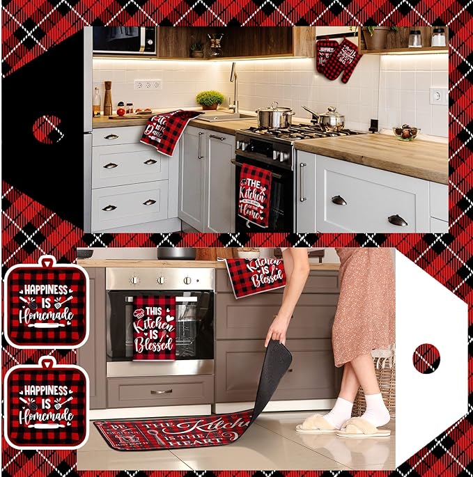 Fourluoo 10 Pcs Farmhouse Kitchen Decor and Accessories Set 4 Kitchen Towels 2 Pot Holders 2 Oven Mitts 2 Rugs for Cooking Baking Mom Housewarming Gifts(Red White,Classic Style) - Image 4