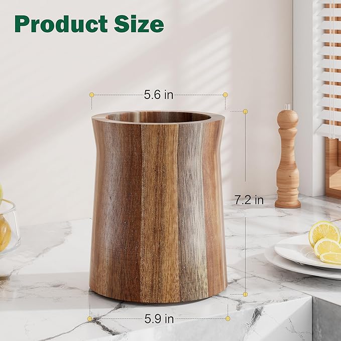 Utensil Holder, Acacia Wood Utensil Holder for Kitchen Counter, 360° Rotating Cooking Utensil Crocks for Countertop, 7.2" Large Utensil Organizer for Spatula Storage - Image 2
