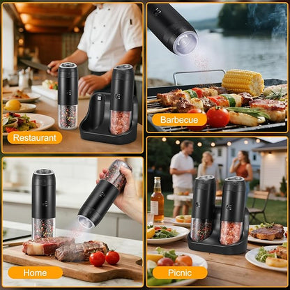 Rechargeable Gravity Electric Salt Grinder Set with Variable Grinding Speed, External Adjustable Coarseness, External Adjustable Coarseness, Charging Base and White LED Light,Black - Image 8