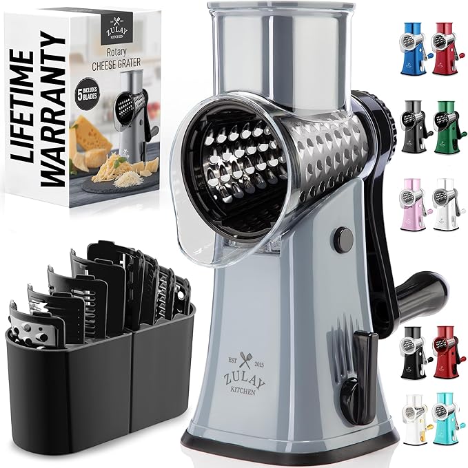 Zulay Kitchen Rotary Cheese Grater 5 Blade Cheese Shredder - Manual Hand Crank Cheese Grater With Reinforced Suction & 5 Interchangeable Drums - Easy to Use, Vegetable Chopper Round Mandoline Slicer by ZulayKitchen