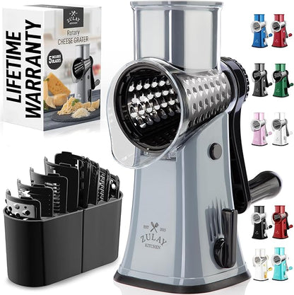 Zulay Kitchen Rotary Cheese Grater 5 Blade Cheese Shredder - Manual Hand Crank Cheese Grater With Reinforced Suction & 5 Interchangeable Drums - Easy to Use, Vegetable Chopper Round Mandoline Slicer by ZulayKitchen