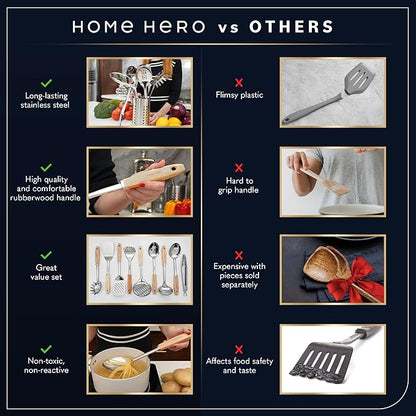 Home Hero Stainless Steel Kitchen Utensils Set - Wood Handle Nonstick Stainless Steel Cooking Utensils Set - Heat Resistant Kitchen Essentials & Metal Kitchen Gadgets (Silver & Wood) - Image 7