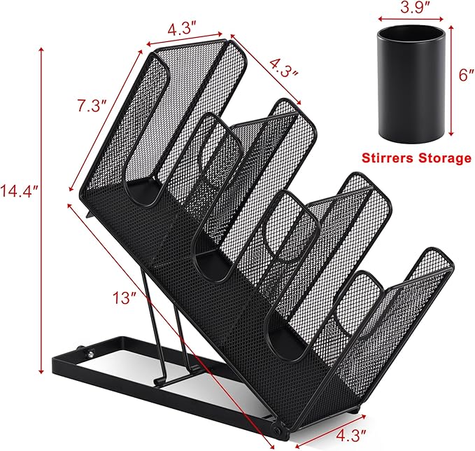 Paper Cup and Lid Holder with Straw Organizer for Countertop Coffee Station Bar Restaurant Breakroom, Metal Midsize Disposable Coffee Cup Dispenser for Plastic Cup Lid Straw, Black