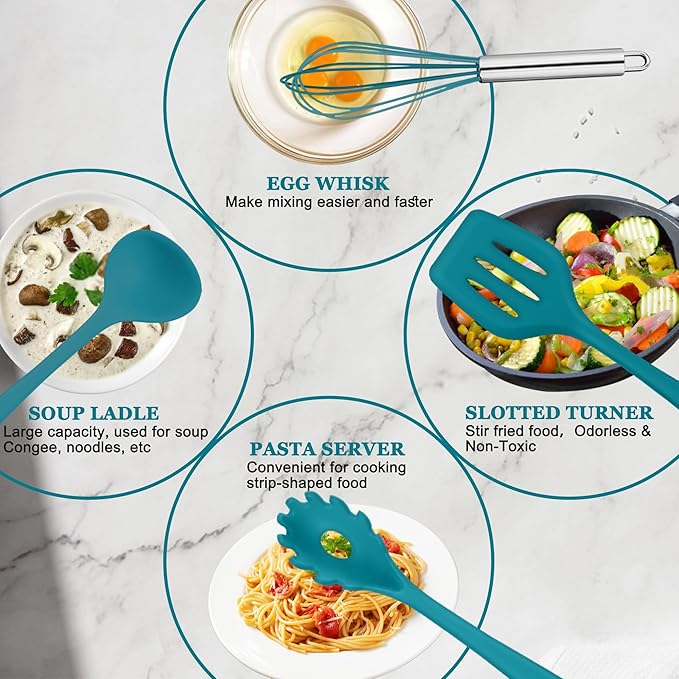 E-far 10 Pieces Silicone Cooking Utensils Set, Heat Resistant Kitchen Utensil Set for Nonstick Cookware, Kitchen Cooking Tools with Spatula, Spoon, Slotted Turner, Non-Toxic & Dishwasher Safe (Blue) - Image 3