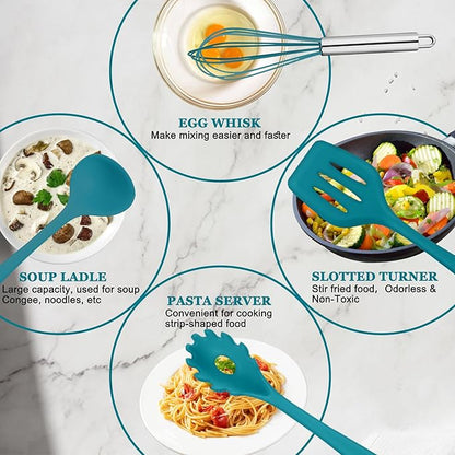 E-far 10 Pieces Silicone Cooking Utensils Set, Heat Resistant Kitchen Utensil Set for Nonstick Cookware, Kitchen Cooking Tools with Spatula, Spoon, Slotted Turner, Non-Toxic & Dishwasher Safe (Blue) - Image 3