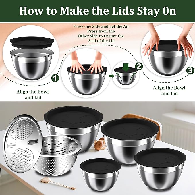 Nicdiet Mixing Bowls with Lids Set, 16PCS Stainless Steel Mixing Bowls,Nesting Storage Bowls for Kitchen with Mixing Bowl, Colander, Strainer & Grater, Metal Salad Bowl for Kitchen Gadgets, Black - Image 2