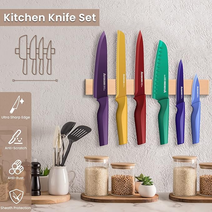 Astercook Knife Set, 12 Pcs Color-Coded Kitchen Knives Set, 6 Color Anti-Rust Coating Stainless Steel Chef Knife Sets with 6 Blade Guards Dishwasher Safe Mothers Day Gifts - Image 2