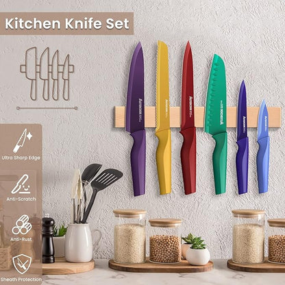 Astercook Knife Set, 12 Pcs Color-Coded Kitchen Knives Set, 6 Color Anti-Rust Coating Stainless Steel Chef Knife Sets with 6 Blade Guards Dishwasher Safe Mothers Day Gifts - Image 2