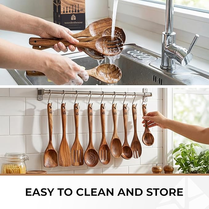 Wooden Spoons for Cooking – 10 Pcs Premium Teak Wooden Utensil Set with Hooks - Durable, Nonstick Safe, Easy to Clean & Heat Resistant with Ergonomic Handles - Image 8