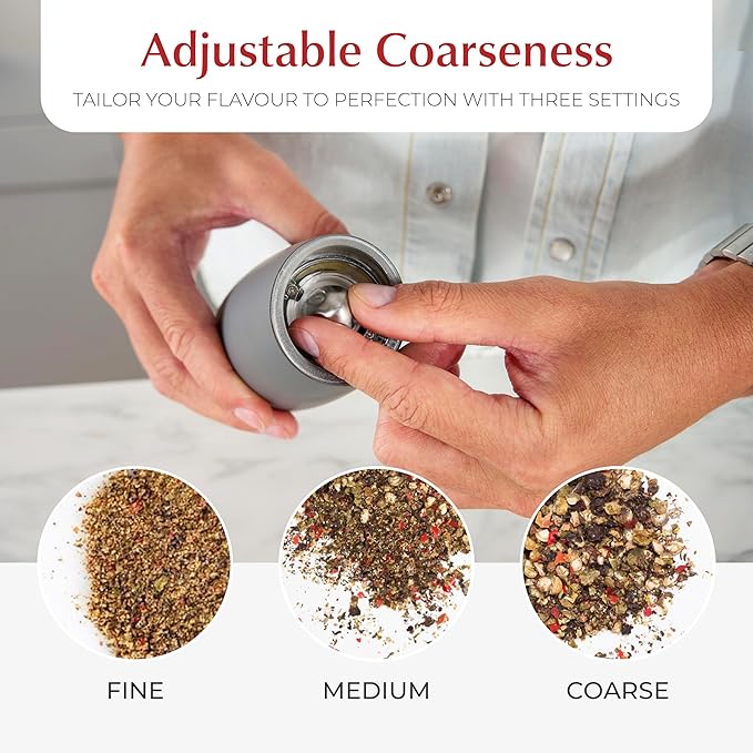 Urban Noon Gravity Salt and Pepper Grinder Set - Battery Operated Electric Grinders with Light (2 Matte Gray Mills) - Automatic One Handed Operation - Electronic Adjustable Shakers - Ceramic Grinders - Image 5